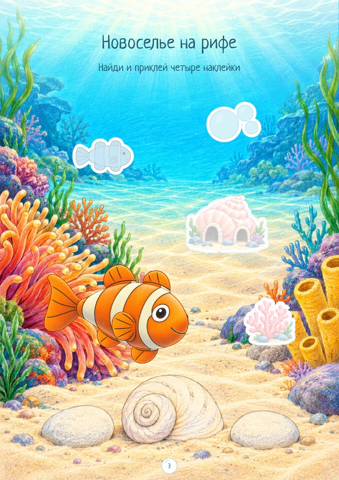 Цветная игровая страница с местами для наклеек: Новоселье в рифе
